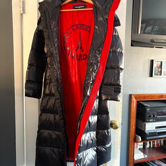 Karl Lagerfeld Paris Contrast (black/Red) belted Longline Puffer Coat
